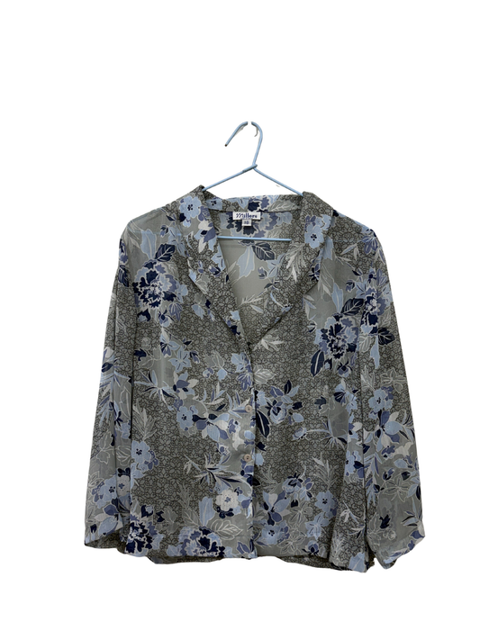Vintage Grey & Blue Sheer Floral Cropped Button Up