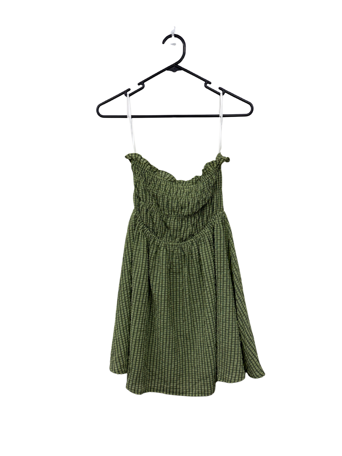 Green & Black Gingham Strapless Ruched Mini Dress