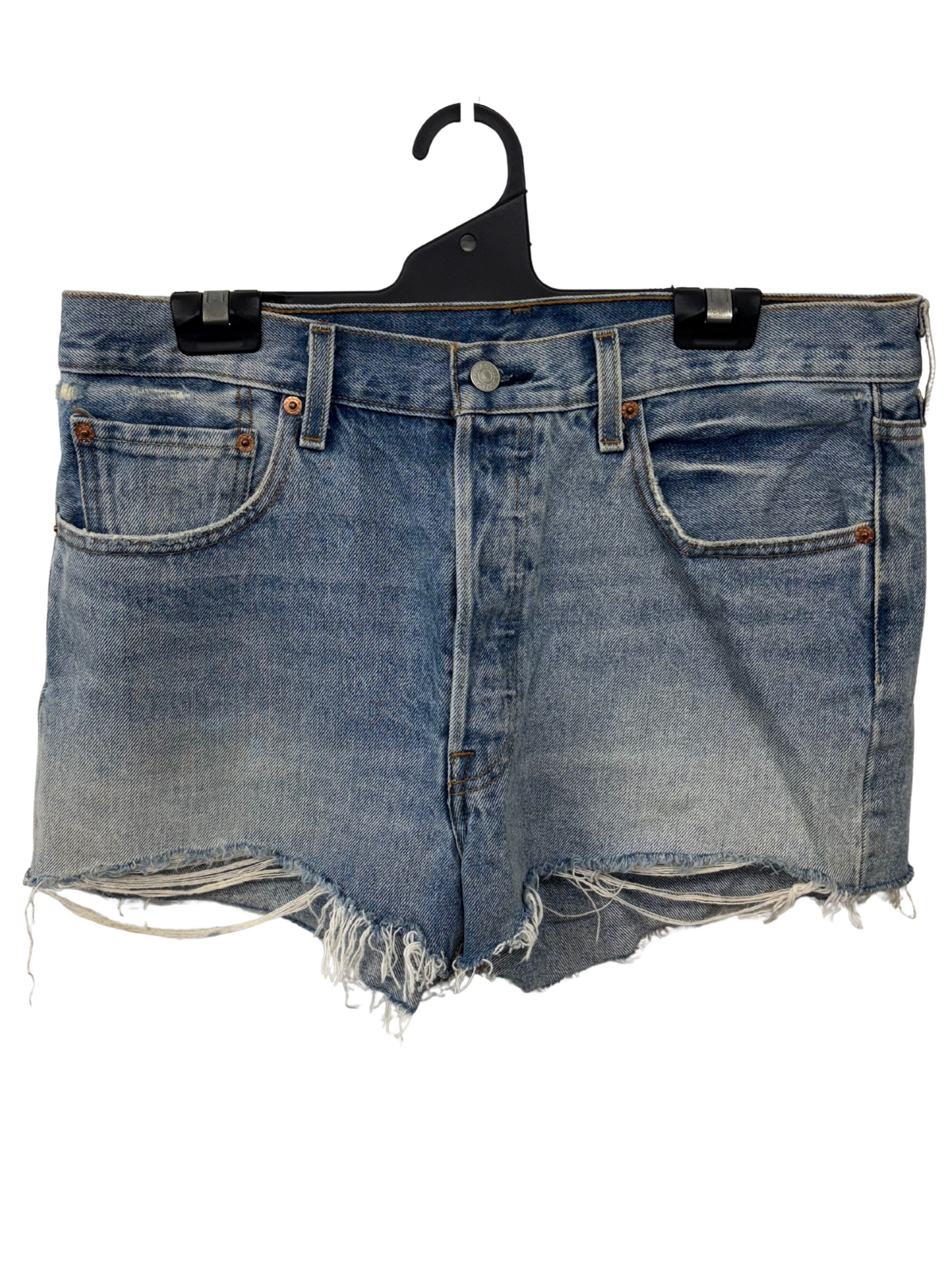 Blue Denim Highwaisted Raw Hem Denim Shorts