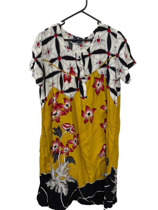 Black, White, Red & Yellow Floral Print Short Sleeve Knee Length Dress