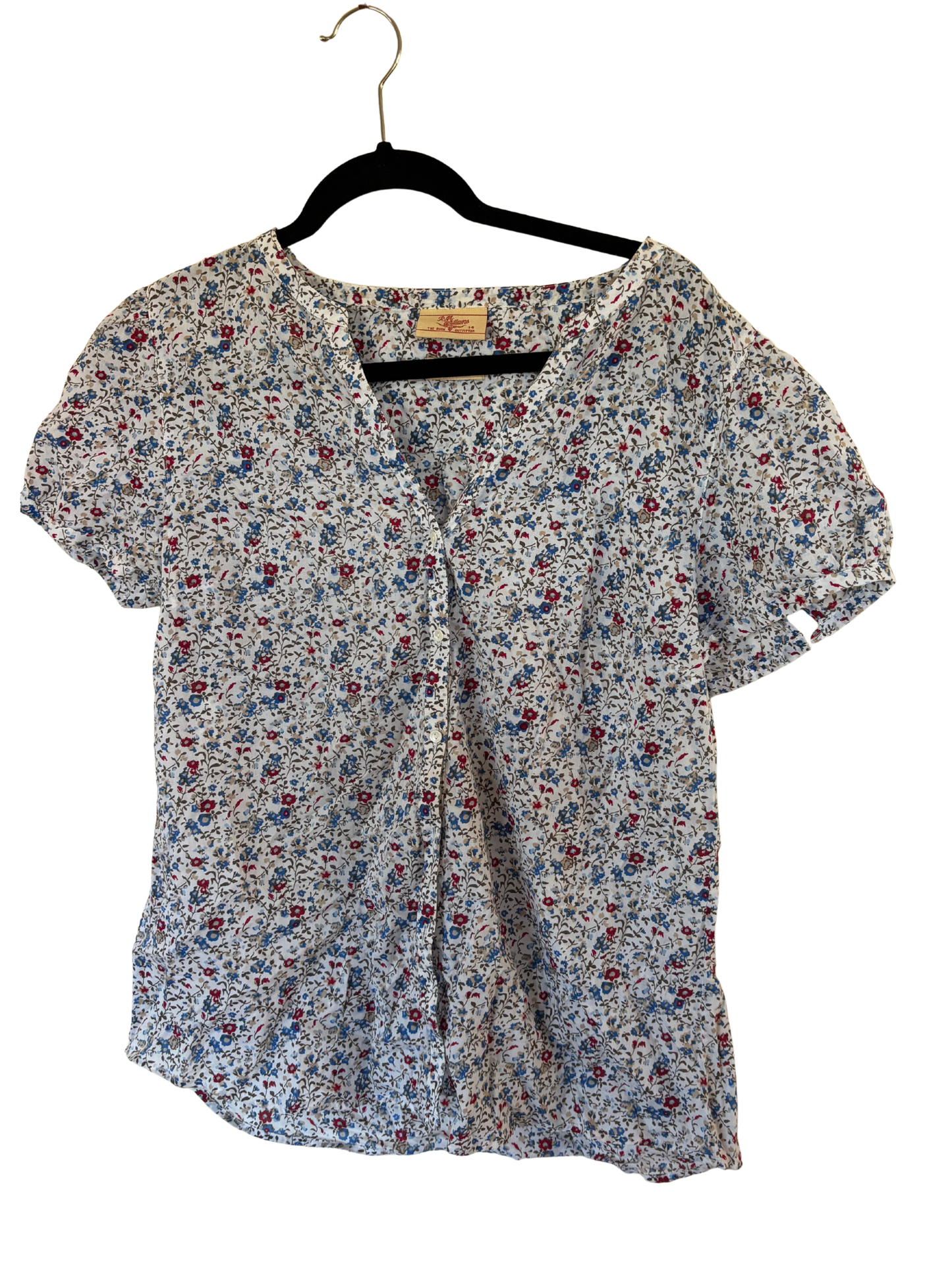 White, Blue Red Floral Short Sleeve Collarless Button Up Fitted Top