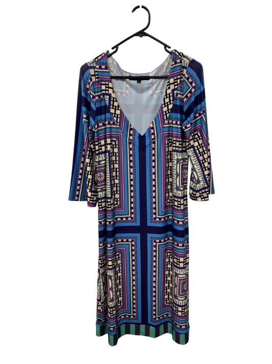 Blue & Multicolour Geometric Patterned Long Sleeve Midi Dress