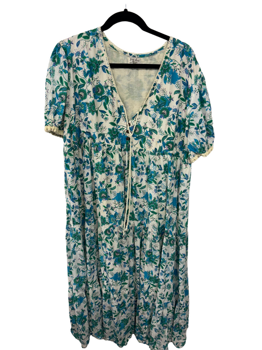 Cream & Blue Floral Print Short Sleeve Tiered Midi Dress