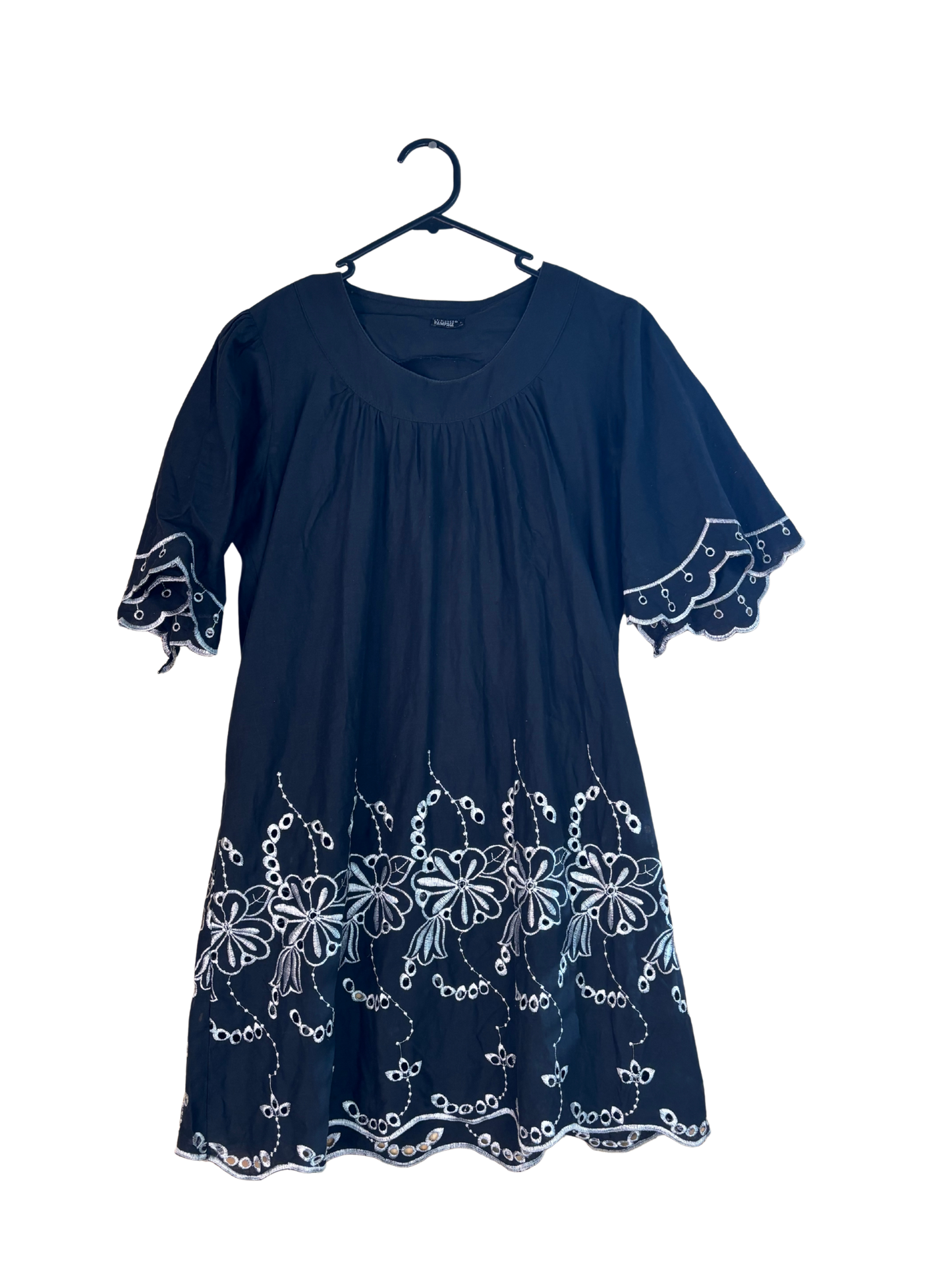 00s Black Short Sleeve Dress/Long Top with White Broderie Anglaise