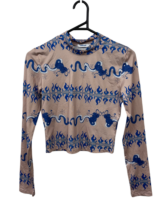 Nude & Blue Flame & Dragon Print Long Sleeve Crop Top