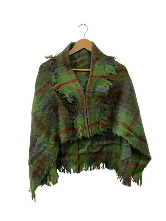 Vintage Green & Red Felted Check Poncho Jacket
