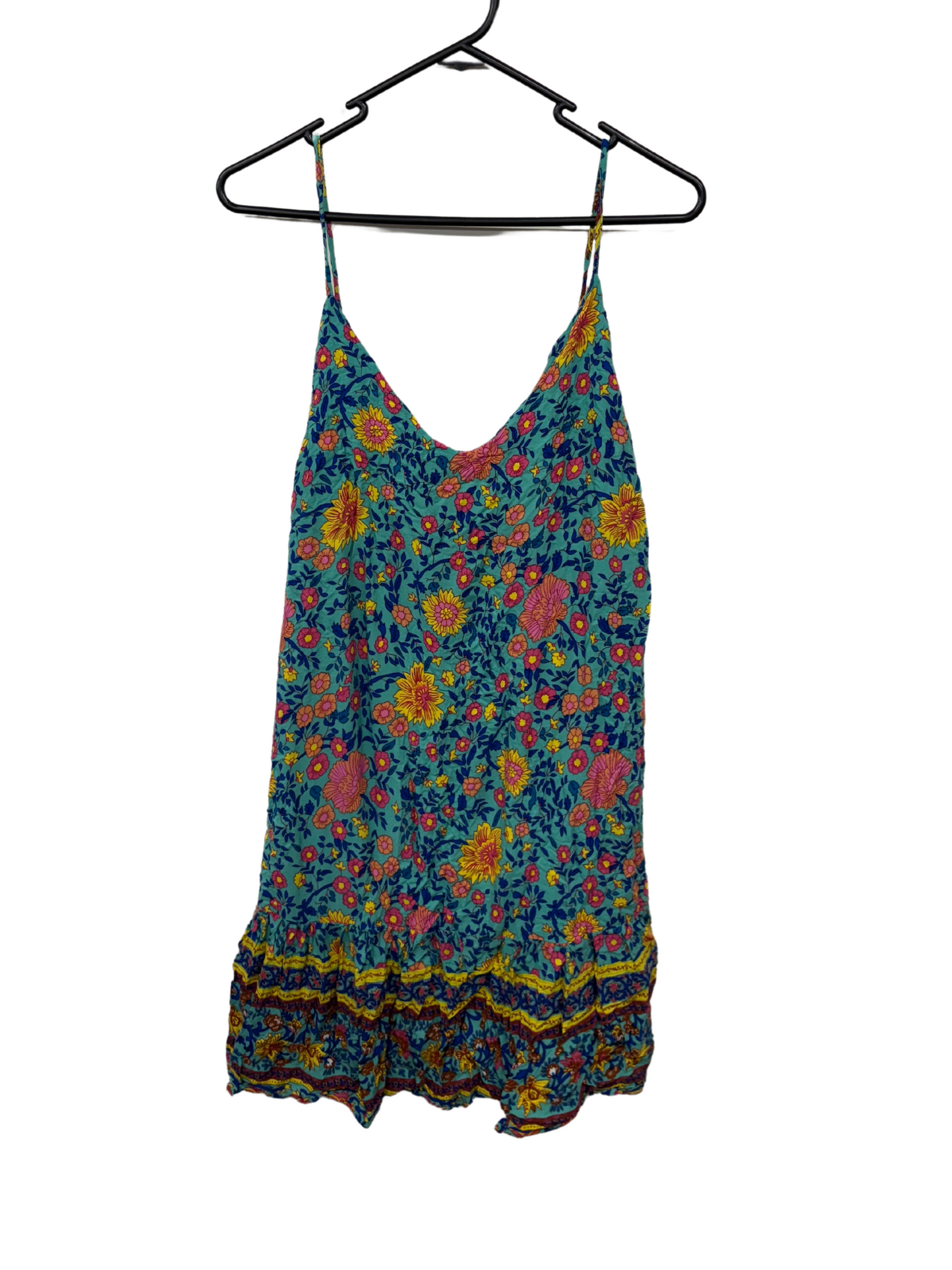 Blue, Pink & Yellow Floral Print Strappy Ruffle Dress