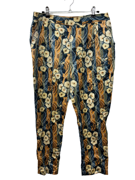 Blue, Orange, Green, White Floral Print High Waisted Tapered Cropped Pants