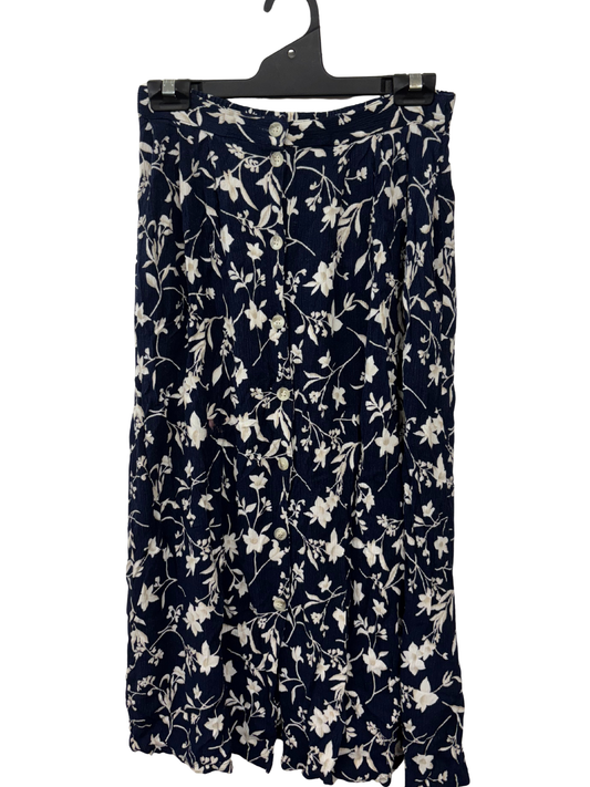 Vintage Navy & White Floral Print High Waisted Midi Skirt