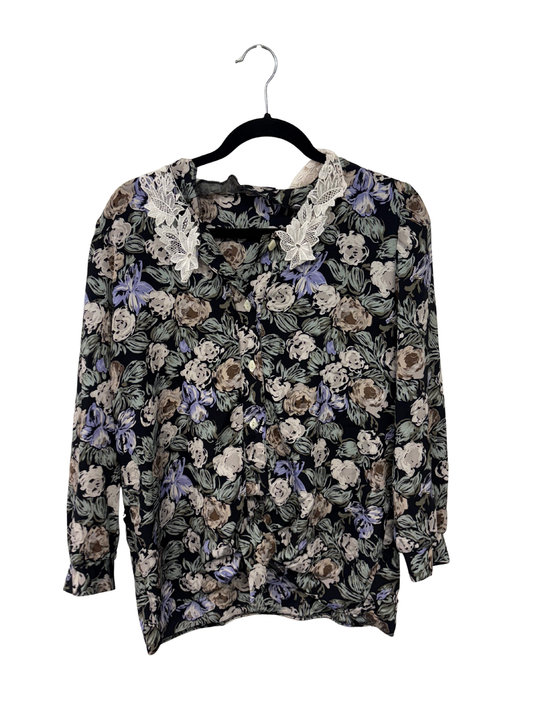 Vintage Black, Pink, Green, Purple Long Sleeve Button Up Top with Lace Collar