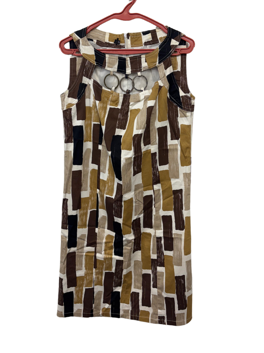 Vintage White & Brown Pattern Sleeveless Midi Dress with Ring Detail
