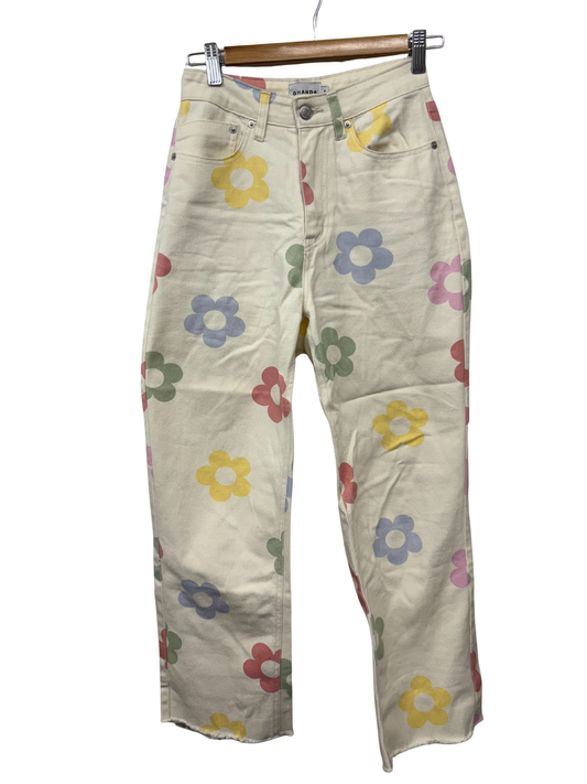 White with Multicolour Floral Pattern High Waisted Wide Leg Jeans