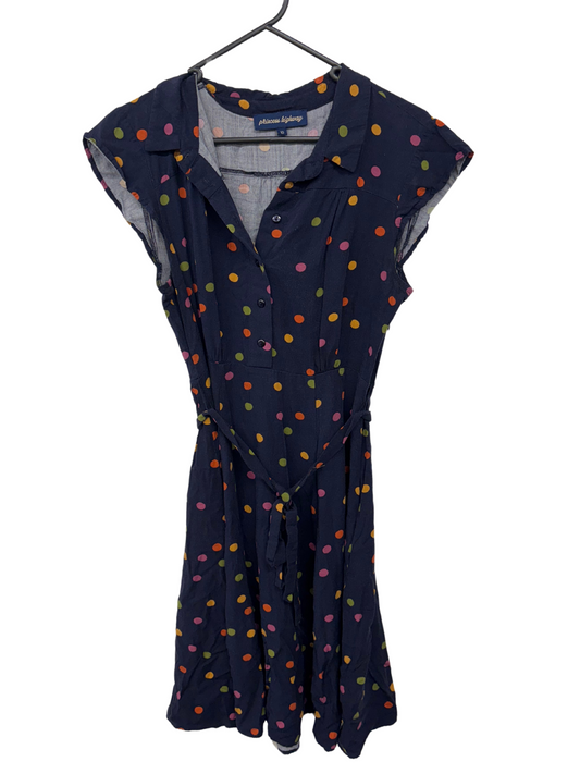 Dark Blue Cap Sleeve Button Up Dress with Multicolour Dots