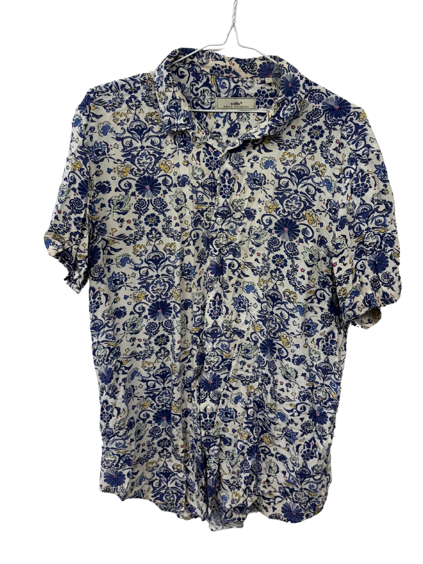 Blue & White Floral Print Short Sleeve Button Up Shirt