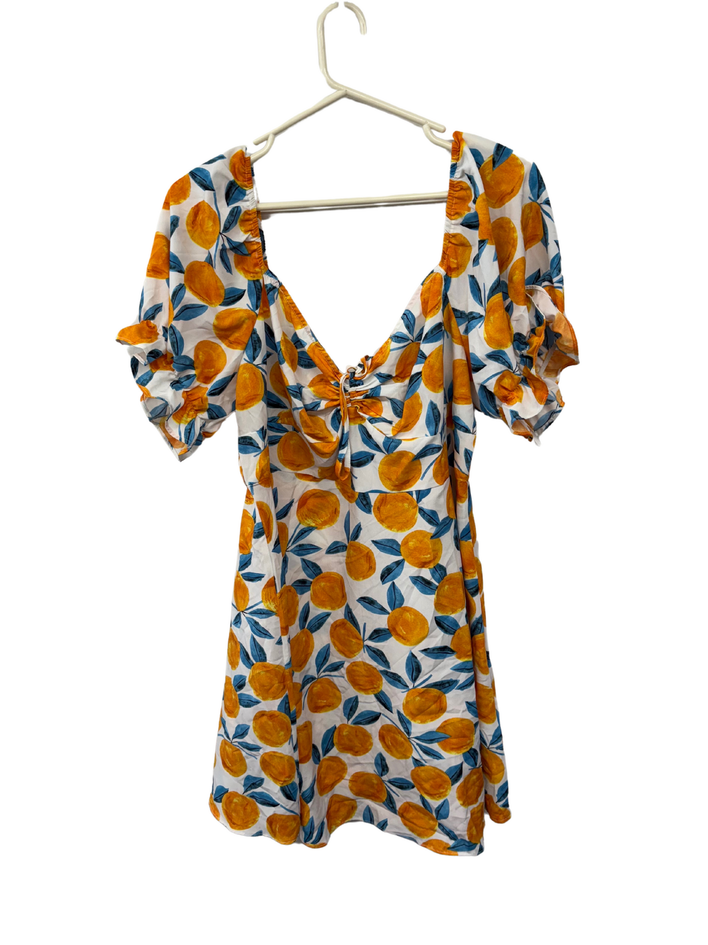 White, Orange, Blue Orange Print Short Puffy Sleeve Dress