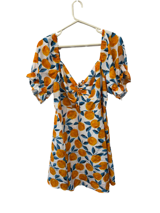 White, Orange, Blue Orange Print Short Puffy Sleeve Dress