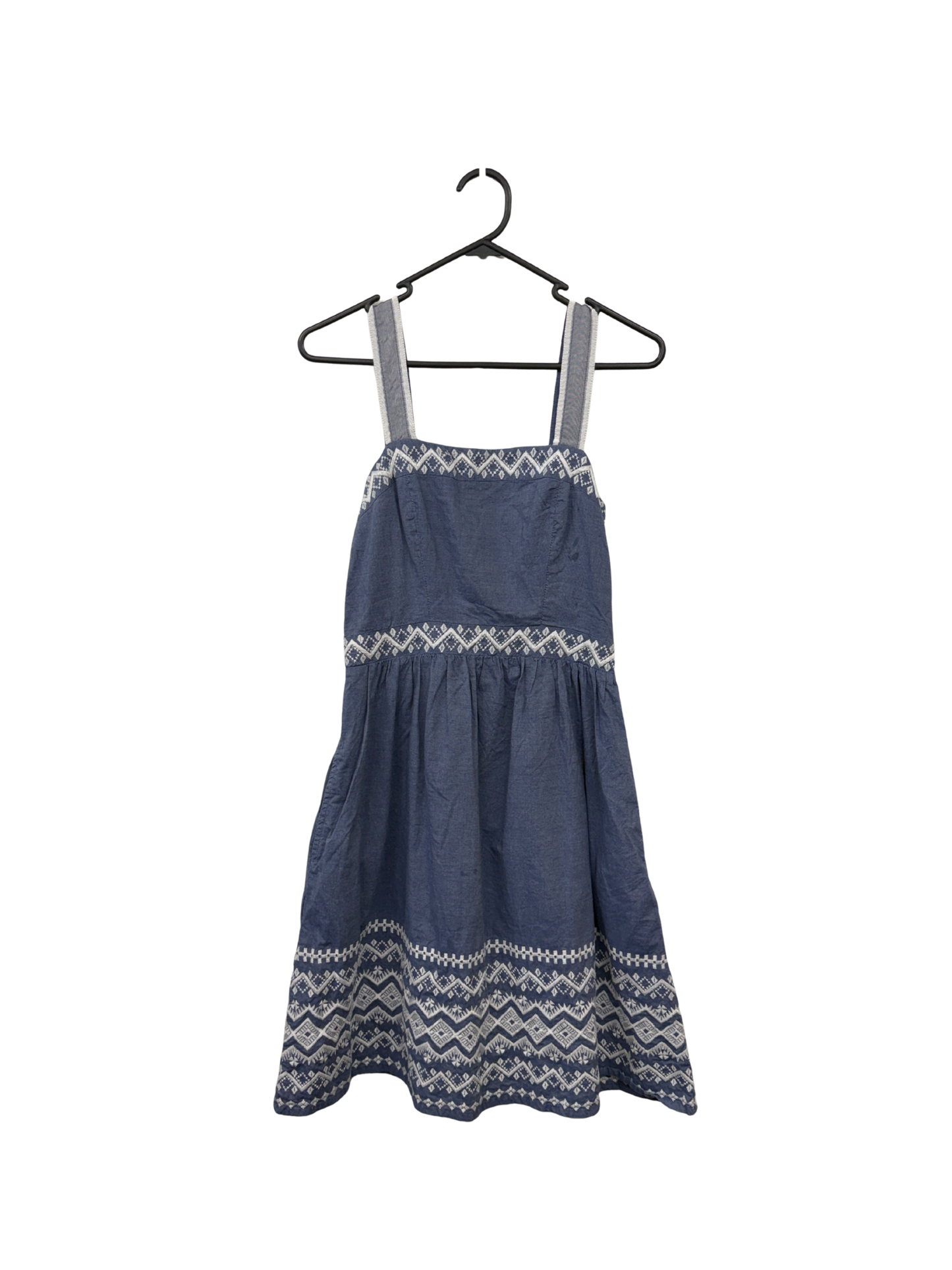 Blue Strappy Denim Mini Dress with White/Cream Geometric Embroidery