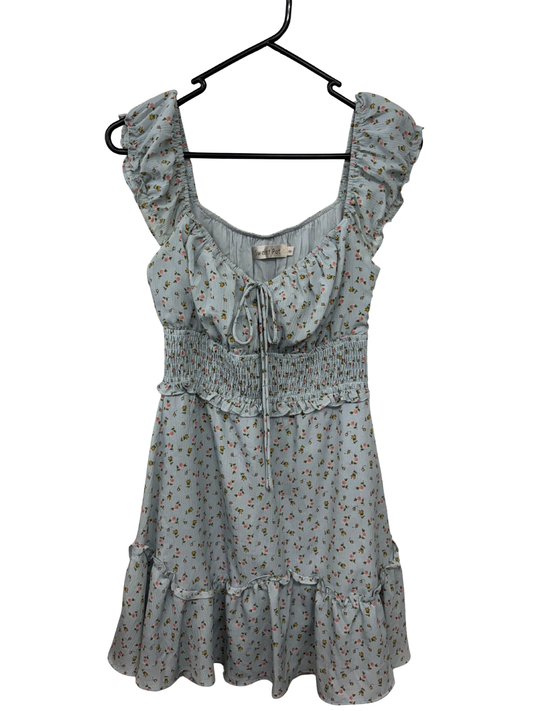 Light Blue Puffy Sleeve Floral Ruffle Dress