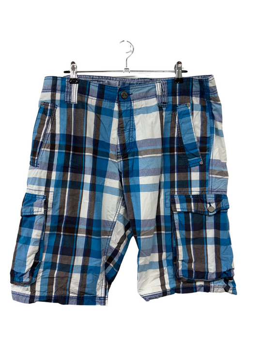 Blue & Grey Plaid Print Cargo Shorts