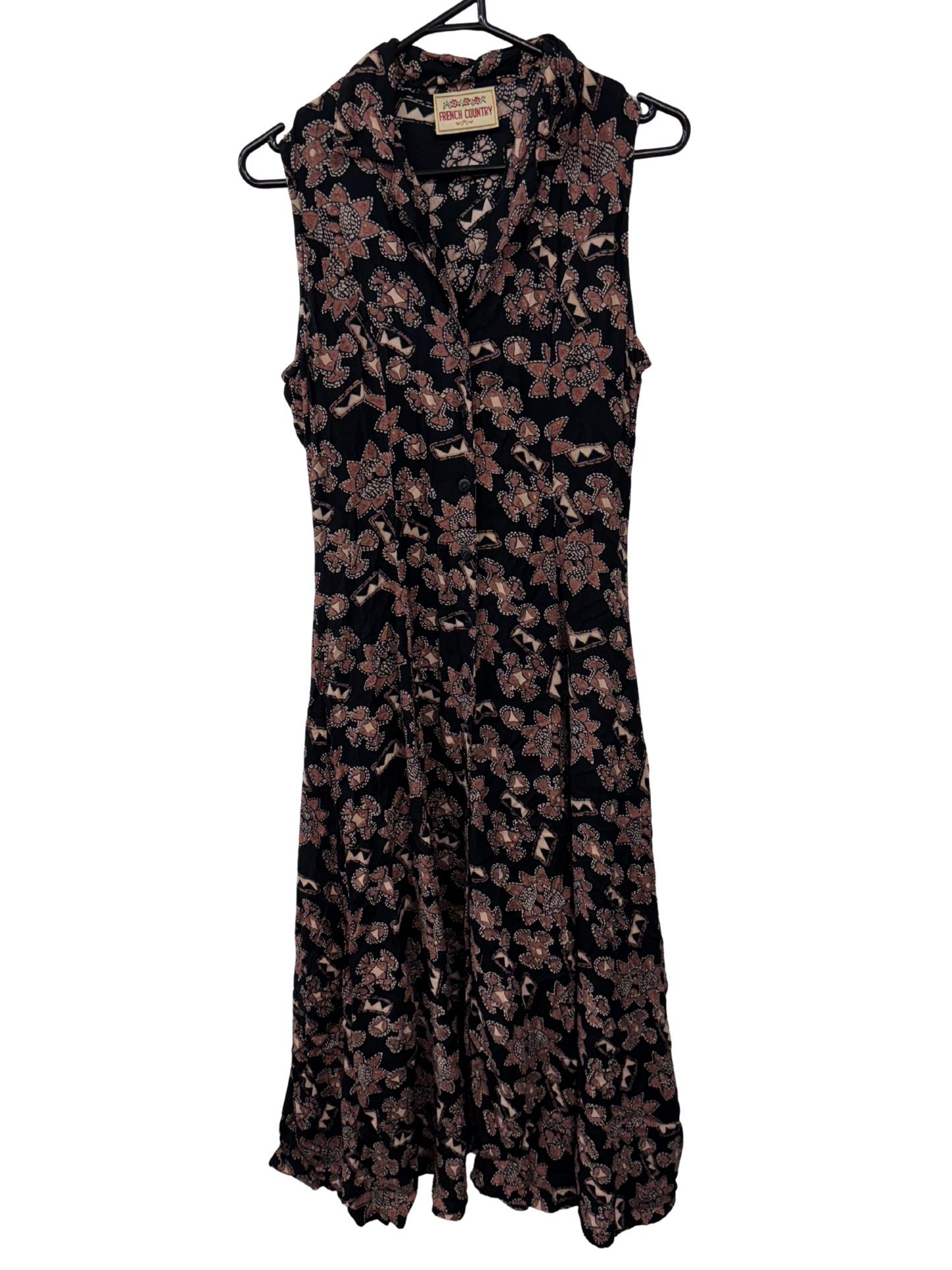 Vintage Black & Brown Pattern Sleeveless Button Up Midi Dress