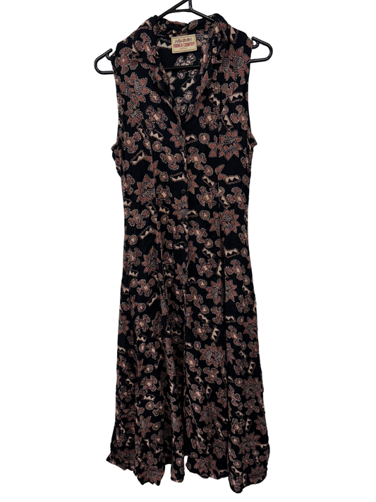 Vintage Black & Brown Pattern Sleeveless Button Up Midi Dress