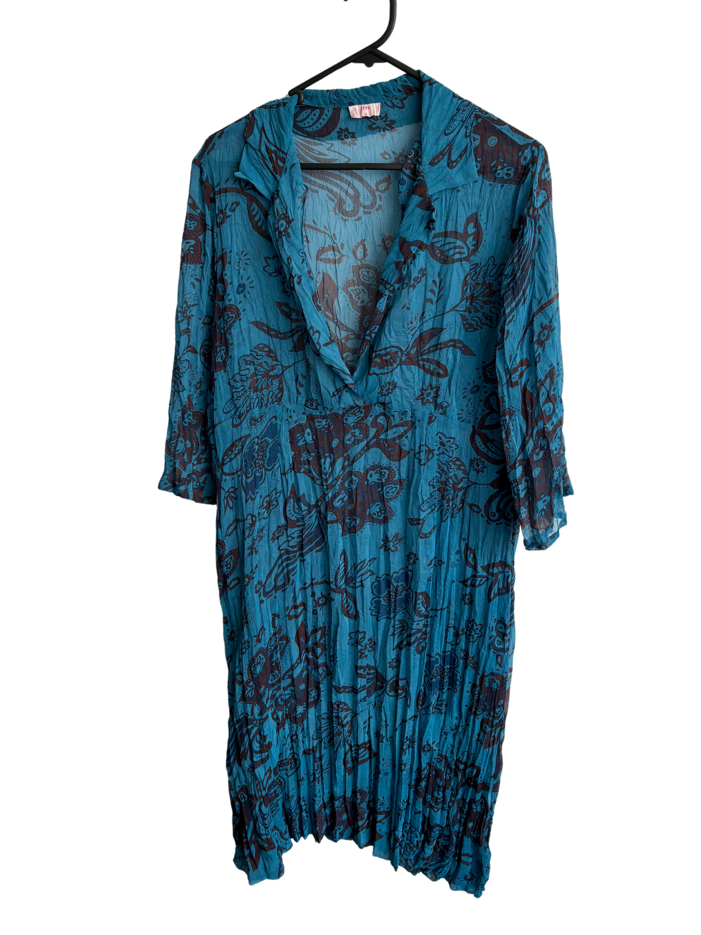 Sheer Blue Midi Dress with Brown Paisley Pattern