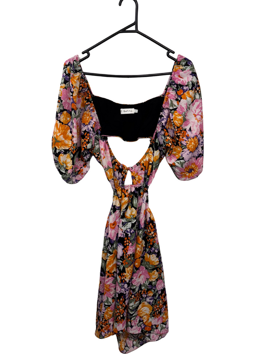 Black, Pink, Orange Floral Print Puffy Short Sleeve Cutout Dress