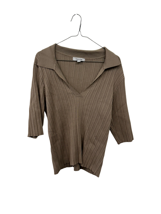 Brown Half Sleeve Ribbed Collared V-Neck Blouse