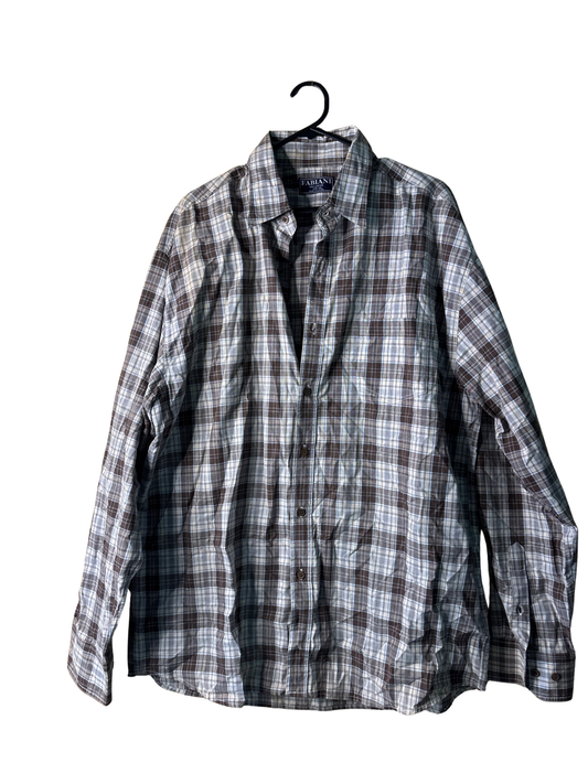 Vintage Brown, Cream, Blue Check Long Sleeve Button Up Shirt