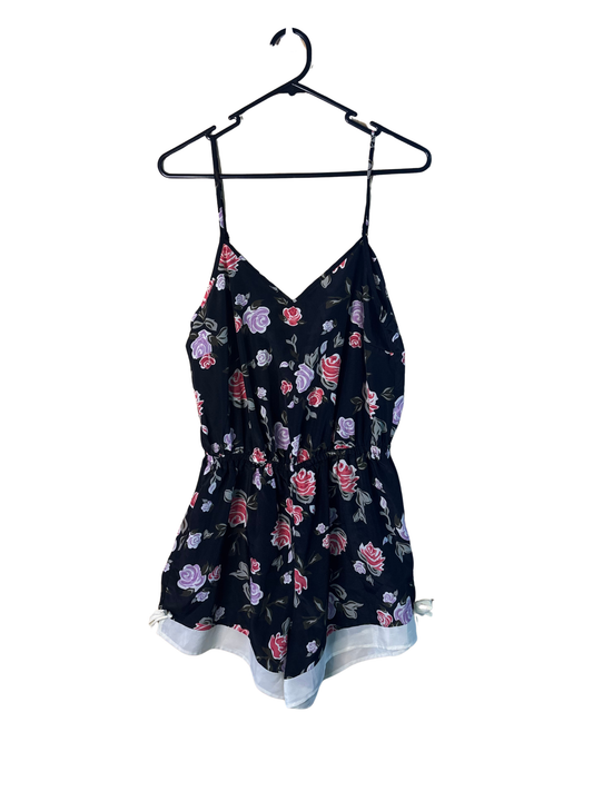 Black, White, Pink, Purple Floral Print Strappy Semi-Sheer Strappy Playsuit