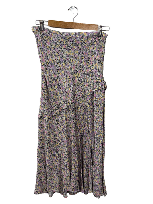 Purple, Black, Yellow Floral Print Midi Skirt with Ruffle