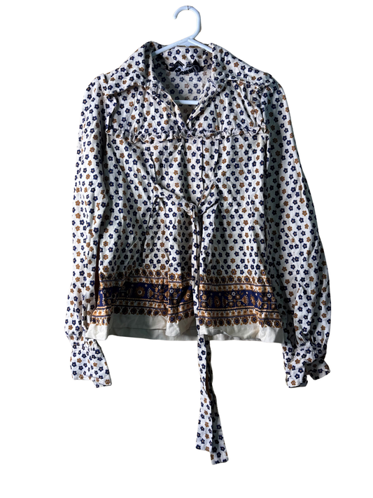 Vintage Cream, Dark Blue, Yellow Floral Print Long Sleeve Top