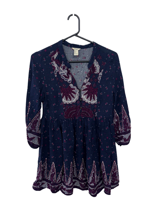 Dark Blue & Purple Paisley Print Long Sleeve Long Top