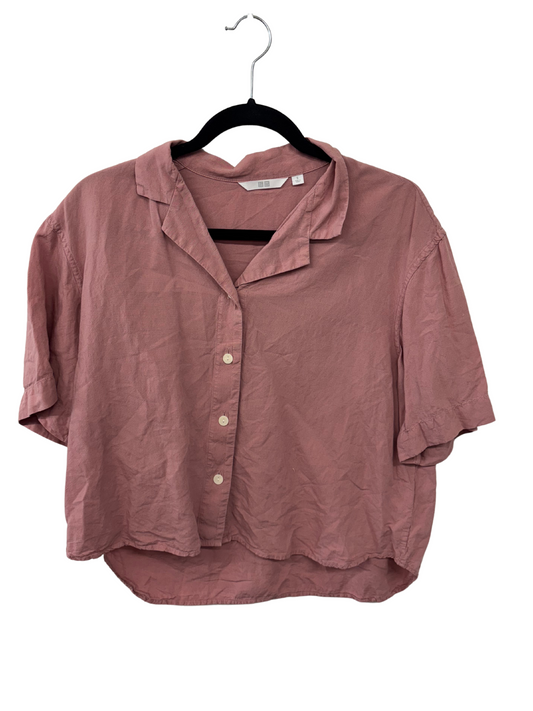 Pink Short Sleeve Button Up Crop Shirt