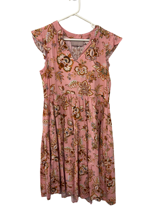 Pink, Orange & Green Floral Print Capped Sleeve Midi Dress