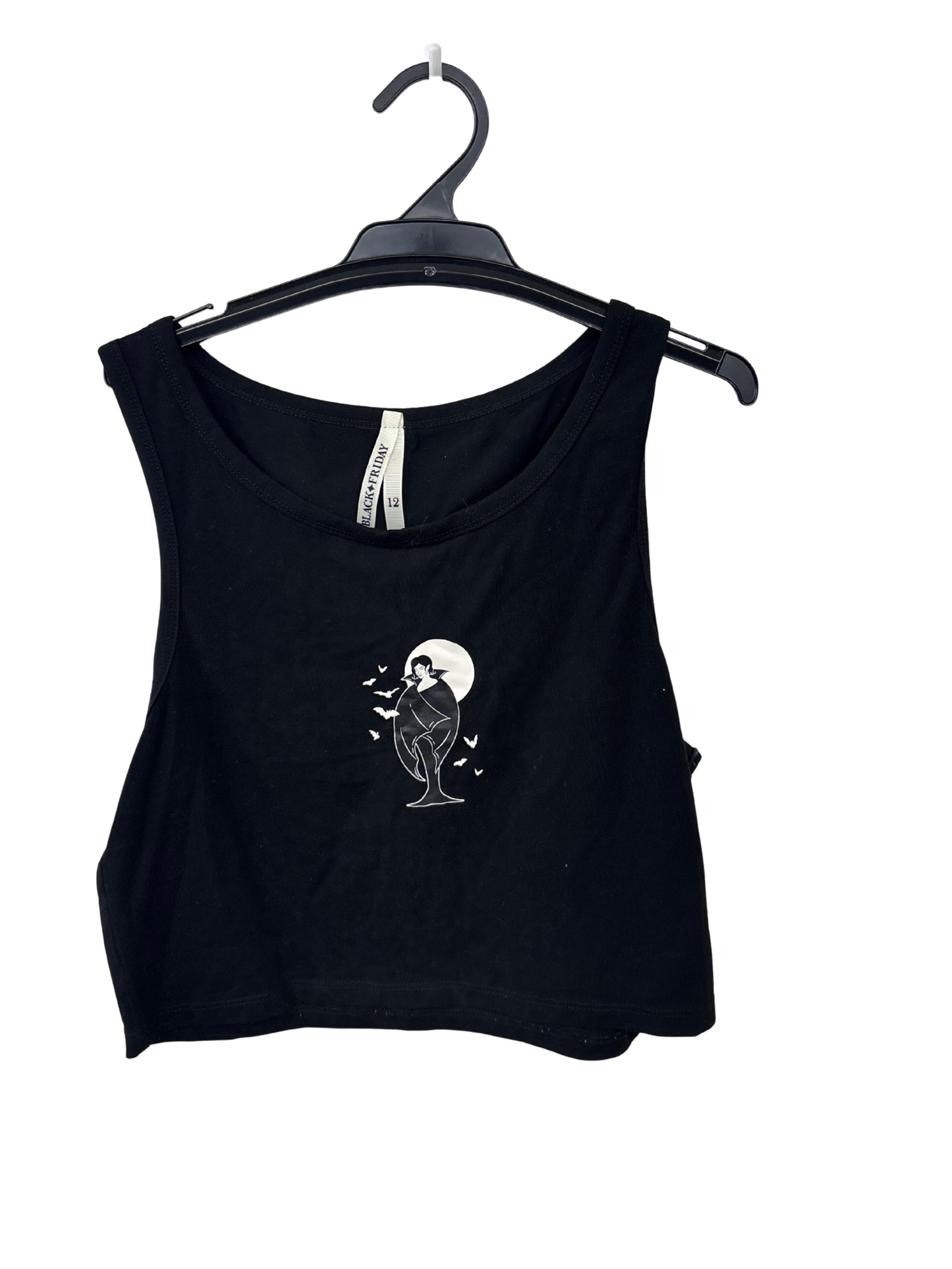 Black Sleeveless Crop Singlet Top with Vampire Lady Print