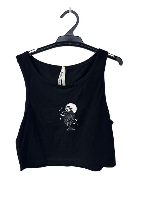 Black Sleeveless Crop Singlet Top with Vampire Lady Print
