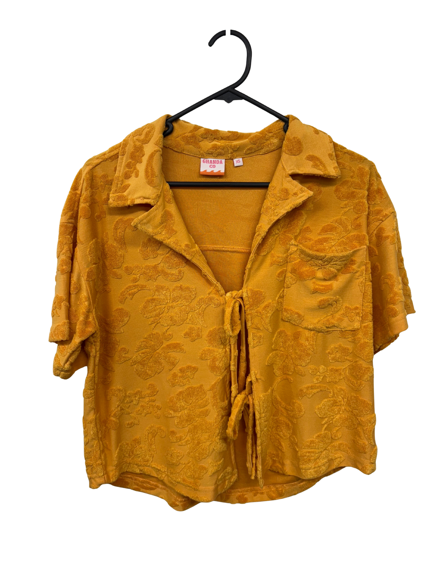 Yellow Textured Floral Print Short Sleeve Shirt with Ties