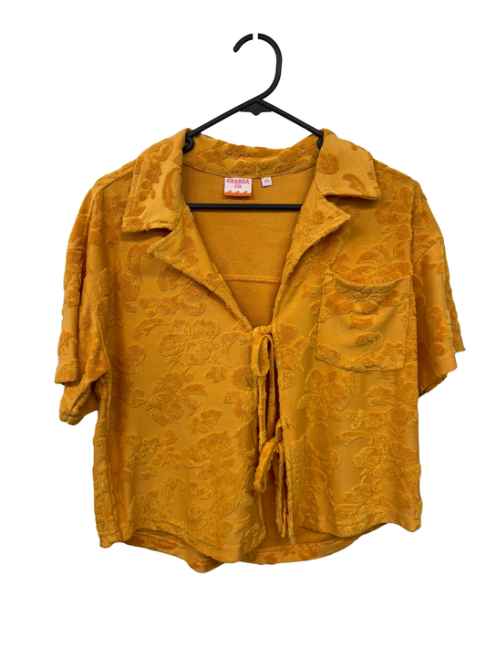 Yellow Textured Floral Print Short Sleeve Shirt with Ties