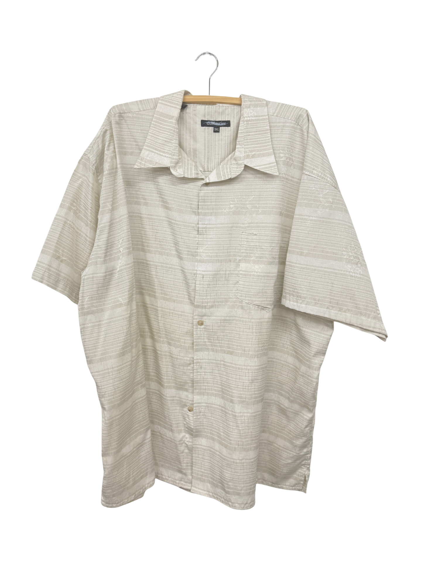 White/Beige Textured Floral & Striped Short Sleeve Button Up Shirt