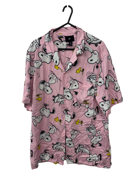 Pink & White Snoopy Print Short Sleeve Button Up Shirt