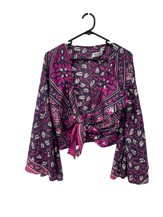 Dark Grey, White, Pink Print Crop Tie Front Bell Sleeve Top