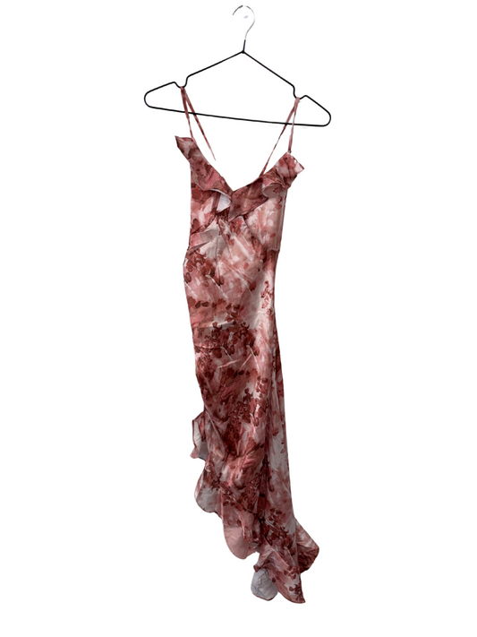 Light Pink & Brown Print Strappy Asymmetrical Long Dress