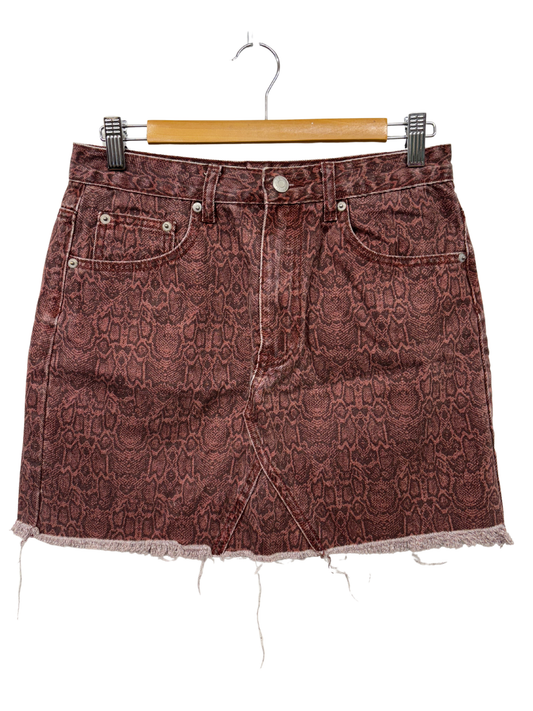 Red Snake Print Mid Rise Short Skirt with Raw Hem