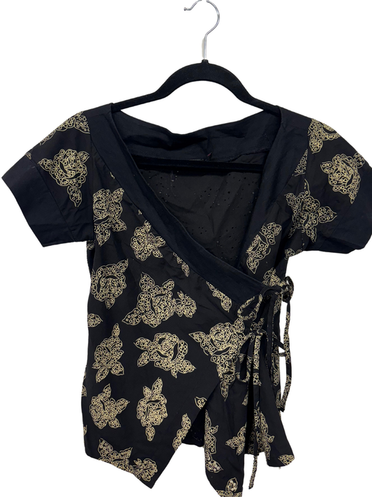 90s Black & Cream Short Sleeve Tie Front Top