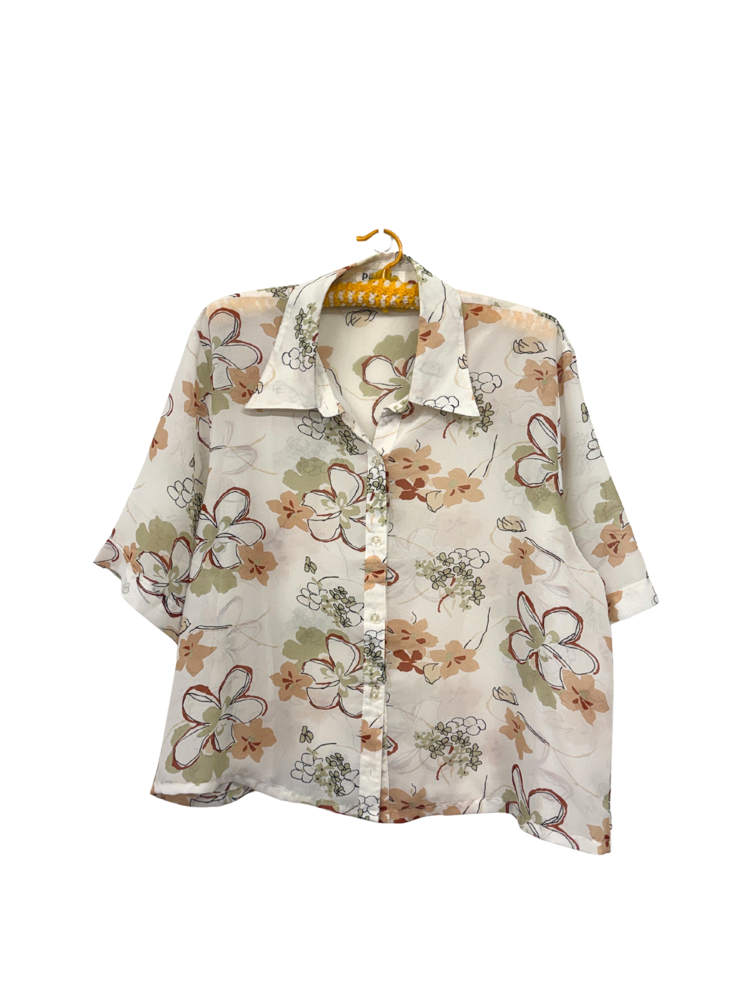White & Multicolour Sheer Floral Cropped Button Up Top