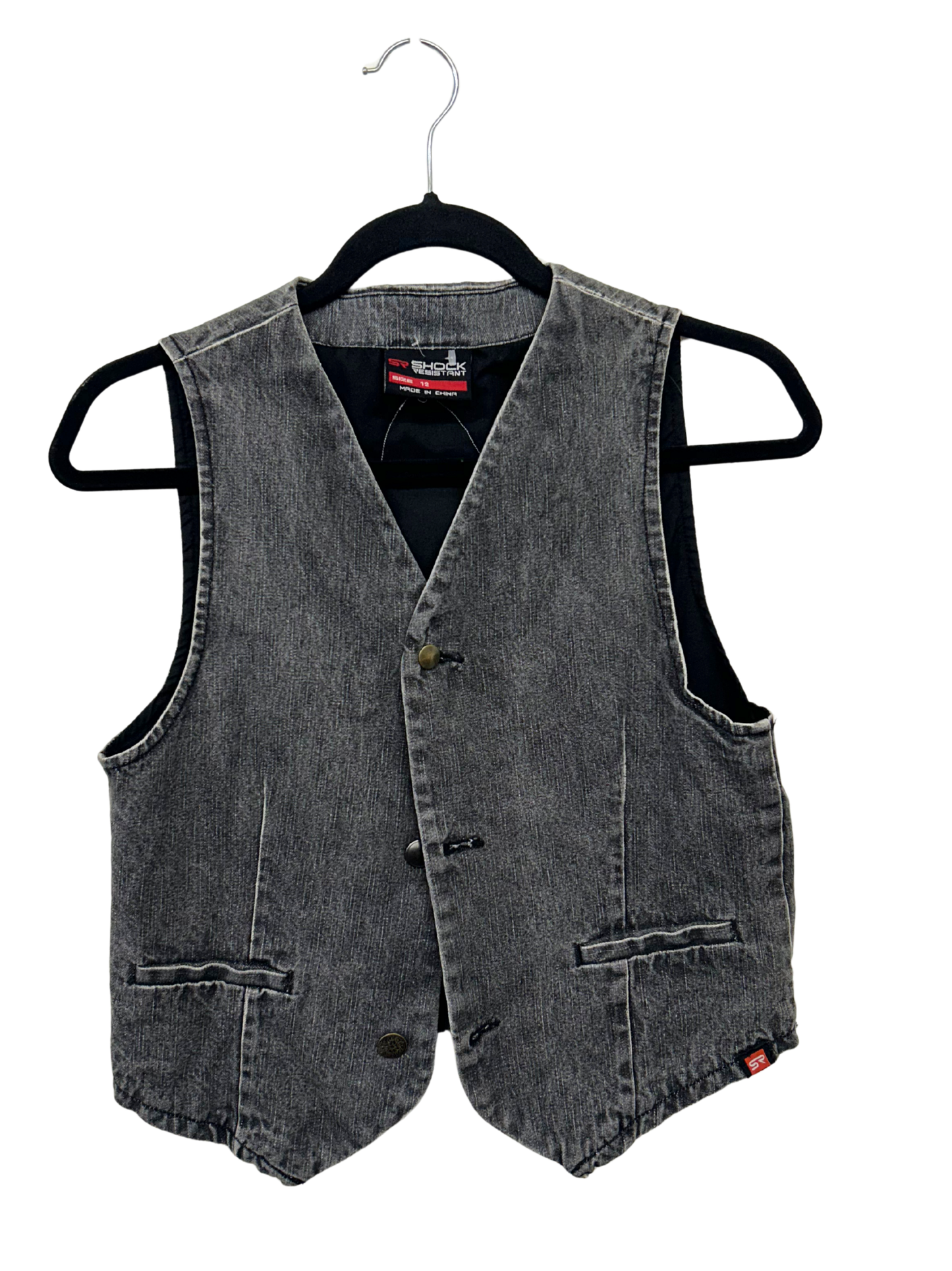Faded Black Denim Vest with White Lace Back Detail