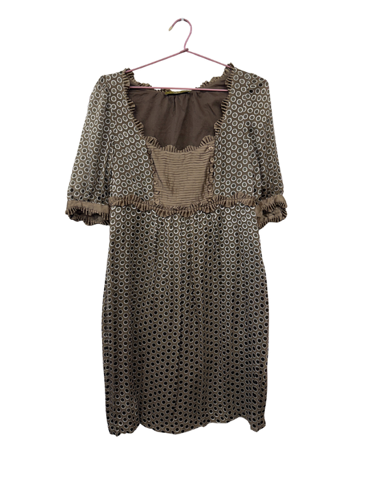 Brown, Beige & Black Spotty Dress with Ruffle Detail