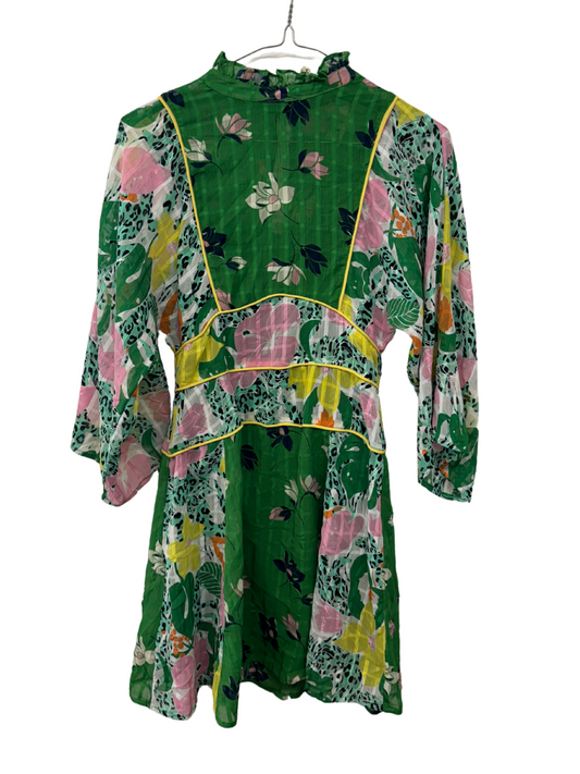 Green & Multicolour Semi-Sheer Long Sleeve Pattern Dress