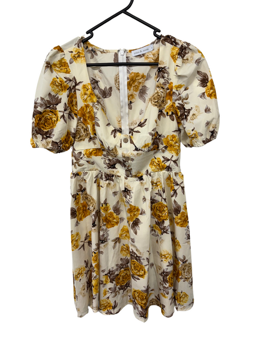 Cream, Yellow & Brown Floral Print Short Sleeve Dress